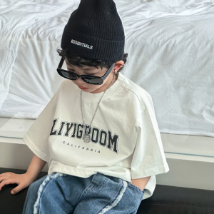 Trendy Brand Kids Short Sleeve T-Shirt Childrens Clothing Summer Male Female Toddler Big Kids White Letter Print Loose Fit Cotton