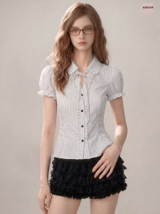 KBVVR | Polo Neck Fitted Short Sleeve Blouse with Bubble Sleeves White Stripes