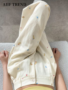 Ice Silk Wide Leg Pants Womens Summer Thin High Waist Cover Hip Drape Slim Straight Leg Suit Pants Dog Print Casual Trousers