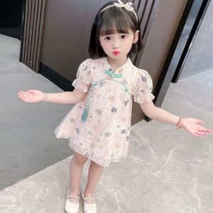 Girls Summer Dress 2024 New Childrens Wear Internet Celebrity Baby Style Hanfu Qipao Matching A-Line Skirt Short Sleeve Long Dress Heart Collar Animal Pattern