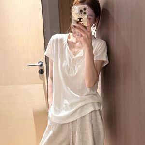 V.C.I | Relaxed Fit Hemmed White Snowy Cotton T-shirt Henley Neck Short Sleeve