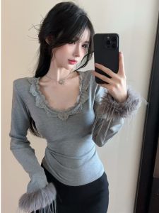 GUZILIAN | Gray Base Shirt U-Neck Lace Trim Cuff Slimming Versatile Korean Style Commute Pure Desire Fashion Hairless Bottoming Top