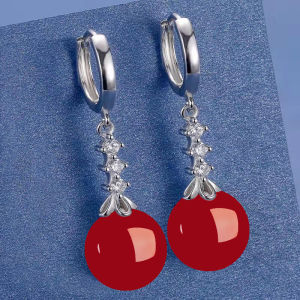 S925 Sterling Silver Earrings for Women Retro 12mm Natural Green Agate Earrings Ruby Jade Hetian Jade Long Earrings