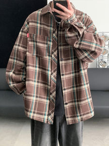 Hong Kong Style Plaid Shirt Mens Spring New Loose Long Sleeve Striped Outerwear Casual Fashion Classic Pattern Polyester Fiber