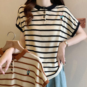 Bear Embroidery Stripes Knitwear Womens 2024 Summer New Arrival Plus Size Loose Slimming Slim Fit Polo Collar Tops