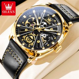 OLEVS Men Sports Watches Waterproof Original Automatic Mechanical Leather Strap Skeleton Dial Luminous Wristwatch(No Batteries Required)