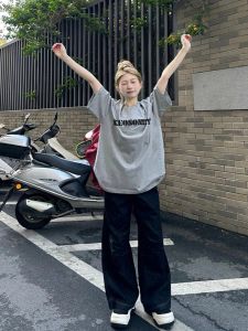 Loose Fit Grey American Style Short Sleeve T-Shirt Womens Summer Fashion Casual Cotton round Neck Top Vintage Hong Kong Flavor