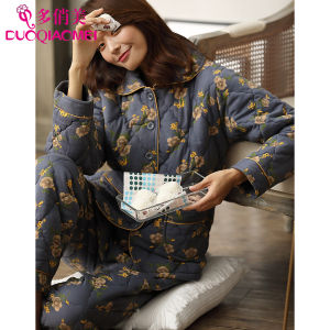 ชุดนอนผ้าฝ้ายแท้บุนวมผ้าฝ้ายสามชั้นกันหนาวหนาพิเศษใส่ช่วงฤดูใบไม้ร่วงและฤดูหนาวสำหรับผู้หญิงชุดใส่ในบ้านผ้าฝ้ายล้วนแบบฤดูหนาวสำหรับฤดูหนาว