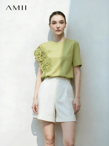 AMII | Round Neck Lace Asymmetrical Ionized Cool Comfort Quick Drying T-Shirts
