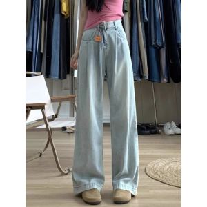 กางเกงยีนส์ผ้าไหมน้ำแข็งเอวสูงขากว้างสไตล์อเมริกัน ทรงหลวม ทรงหลวม กางเกงขายาวทรงตรง ทรงบาง เหมาะกับฤดูร้อน