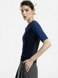 AMII | Summer Leisure Round Neck Color Block Mid-Sleeve Slim Knit Top