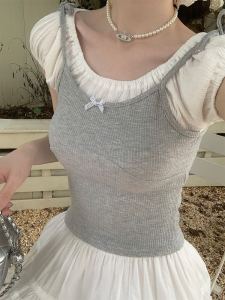 French Style Puff Sleeves Fake Two Pieces Short Sleeve T-Shirt Womens Summer Stylish Niche Style Fancy Patchwork Beautiful Short Top