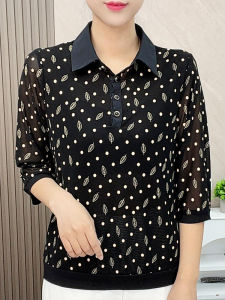 เรียบหรู ฤดูร้อน แขนสามส่วน ลายดอก เสื้อเชิ้ตสําหรับคุณแม่ ลูกไม้ ปกเสื้อ พรางหุ่น Effect ลำลอง ชุดทํางานหญิง เสื้อท่อนบน