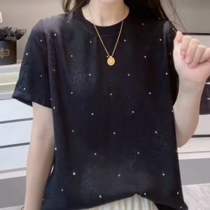 SHUAIYUE | Áo Thun Tay Ngắn Trẻ Trung Kiểu Hàn Quốc Có Đính Hạt Kim Cương Mạnh Mẽ Cổ Tròn Cho Mùa Hè