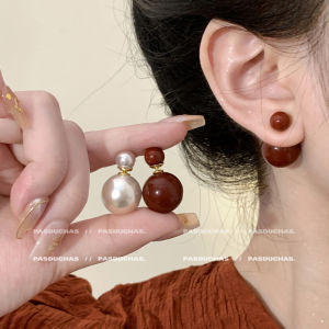 ต่างหูมุกสีแดงสองด้านย้อนยุค เรียบง่าย เรียบหรู ผู้หญิง เครื่องประดับ ทันสมัย สไตล์เกาหลี ต่างหูชุบทองโลหะผสม
