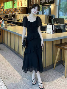 Summer 2025 French Vintage Hepburn Style Little Black Dress Slimming Long Skirt Black Chiffon Womens Dress Hepburn Style Pure Color