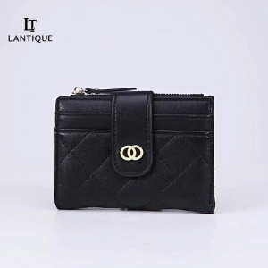 LANTIQUE Quilted Womens Wallet | Stylish Black Card Holder Coin Purse | Zippered Small Purse with Buckle Design