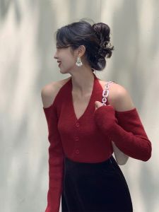 Early Autumn Knitted Sweater Womens Spring High Design Sense Small Crowd Neck Hanging Shoulder Long Sleeve Short Red Shirt