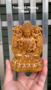 Tượng phật bà quan âm trạm khắc 2 mặt cao 12cm chất liệu gỗ bách xanh