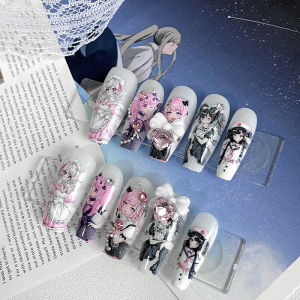 10PCS handmade coffin shaped nails beautiful fake nails cute anime maid nail art loli pattern suitable for women to use