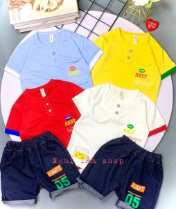 Set đồ bộ bé trai cổ trụ giả có túi Áo thun ngắn tay thun cotton 100% co giản 4 chiều Quần thun cotton giả jean cho bé từ 9-38kg