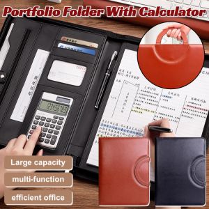 Genuine Leather Business Multifunctional Folder Leather Portfolio Bag With Handle Document Organizer Portfolio Folder With Calculator