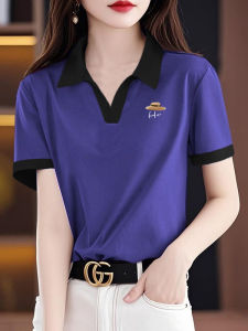 New Summer Color Block Polo Neck Short Sleeve T-Shirt Loose Fit Pure Cotton Casual Slimming Top Artistic Style Comfortable Wear