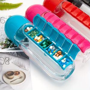 Portable Water Bottle With Built-in Pill Box for Medicines Vitamins Perfect for Outdoor Gym Fitness Camping and Traveling