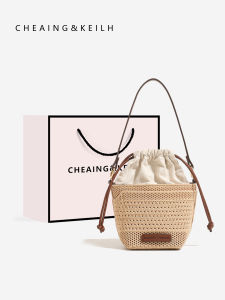 ViewPoint2025 Hollow out Woven Drawstring Bucket Bag Summer Vacation Single Shoulder Crossbody Bag Soft Polyester Lining