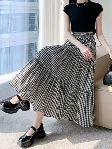 Patchwork Tiered Skirt Women 2025 Summer Vintage Checkered High Waisted Elastic Waist Slimming Midi Skir