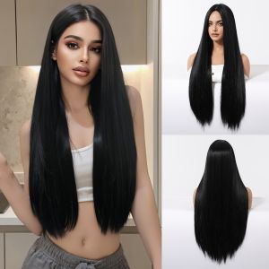 Elegant 28 Inch Black Straight Synthetic Wig for Women High Temperature Fiber 150% Density with Rose Net Cap for Parties and