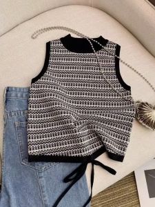 2025 New American Style Black Knitted Vest Short Sleeve Womens Summer Outerwear Versatile Sleeveless Top Commute Other