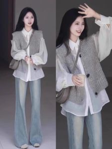 Short Grey Knit Vest for Women Retro Spring Autumn Sleeveless Cardigan Thick Regular Wool Single-Breasted Crewneck Top