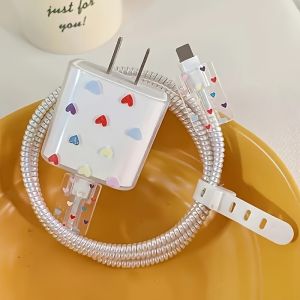 Cute Love Heart Soft Charger Protector Case For iPhone 17 16 15 14 18W 20W Charging Head Protective Cover USB Cable Winder