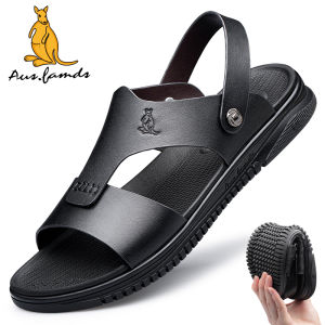Aussie Famous Kangaroo Mens Sandals 2025 New Leather Luxury Casual Beach Shoes Thick Bottom Anti-slip Dual-use Slippers