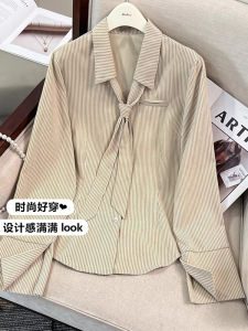 เสื้อเชิ้ตคอวีแขนยาวผู้หญิงฤดูใบไม้ร่วงใหม่ไซส์ใหญ่ เสื้อเชิ้ตลายทางหรูหรา เสื้อเชิ้ตผู้หญิงแบบลำลอง ทรงหลวม สไตล์เกาหลี