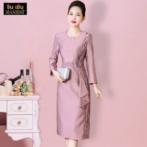 ฤดูใบไม้ร่วงใหม่ ชุดราตรีเจ้าสาวสง่างาม ชุดแต่งงานสำหรับคุณแม่ ชุดยาวคลุมเข่า วัสดุโพลีเอสเตอร์ คอกลม กระดุมเดียว