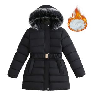 Girls Fur Collar Hooded Coats Children Winter Fleece-lined Jackets Kids Thickened Plush Velvet Outerwear Teenager Warm Clothes
