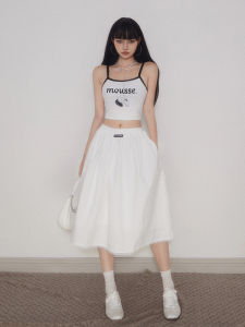 กระโปรงทรงเอเอวสูงผ้าลูกไม้สีขาว กระโปรงทรงเอเอวยางยืด กระโปรงสั้นฤดูร้อนสำหรับผู้หญิง สไตล์ใหม่ กระโปรงทรงเอสไตล์โรงเรียน ลำลอง