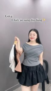 Set Bộ Bigsize nữ 60-95kg chân váy bí ngô vải lụa phối áo thun trễ vai chất borip mềm mịn co giãn - SET920