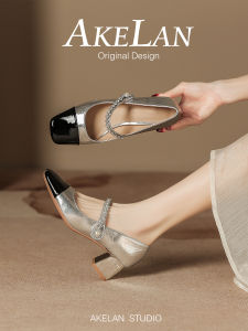 รองเท้าส้นสูง Mary Jane สีเงิน ผู้หญิง หัวเข็มขัด สายคล้อง ส้นหนา ทันสมัย สไตล์ฝรั่งเศส หนัง รองเท้าเดี่ยวสําหรับเดรส