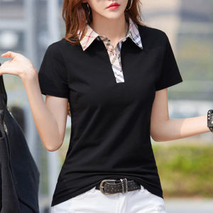 Womens Cotton Polo Shirt Short Sleeve Turn-down Collar Mom Fashion Shirt Pattern Classic Plaid Solid Polyester Blends Comfortable Sleeve Comfortable Body-fit