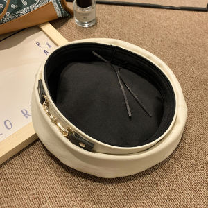 Leather Beret Hat Womens Spring Autumn British Style Retro Painter Cap Versatile Face Slimming Bloom Hat Trendy Adjustable round Top