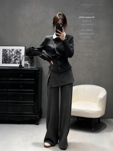 XUECAIQI | Elegant Women Winter Coat Set Fake Two-Piece Shirt with Stand Collar and Wide Leg Pants