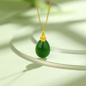 ZHOU LIU FU 周六福 999 24K Solid Gold Pendant for Women Green Nephrite Jade Jewelry Dainty Drop Pendant for Girlfriend Teen Girls (Not Include Necklace)