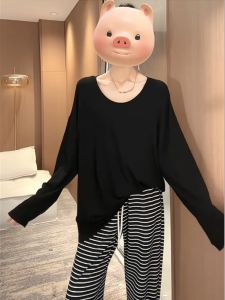 Áo Thun Dài Tay Dáng Rộng Cổ Chữ U Màu Trơn Mùa Thu 2024 Cho Nữ Cỡ Lớn Dáng Rộng Che Mỡ Màu Trơn Đơn Giản Thoải Mái