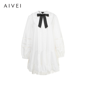 Aivei Fresh Nostalgic White Doll Dress Cute Pleated Splice Butterfly Knot Lantern Sleeve Short Length Natural Waist Dress
