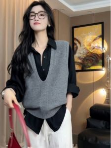 French Style Temperament Bandage Dress Sweater Vest Womens Early Autumn Winter Loose Slimming Slim Fit Bottoming Shirt Vest Tops Outerwear