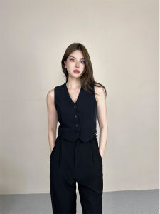 Miss Mimi Black V-Neck Short Suit Jacket Womens Layering Sleeveless Top Fashion Versatile Chinese Made 2025 Autumn New Arrival