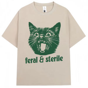 Sanrio | Feral and Sterile Funny Cat Meme Graphic T Shirts Humor Quote Novelty T-shirts Men Women Fashion Oversized Cotton Casual T-shirt